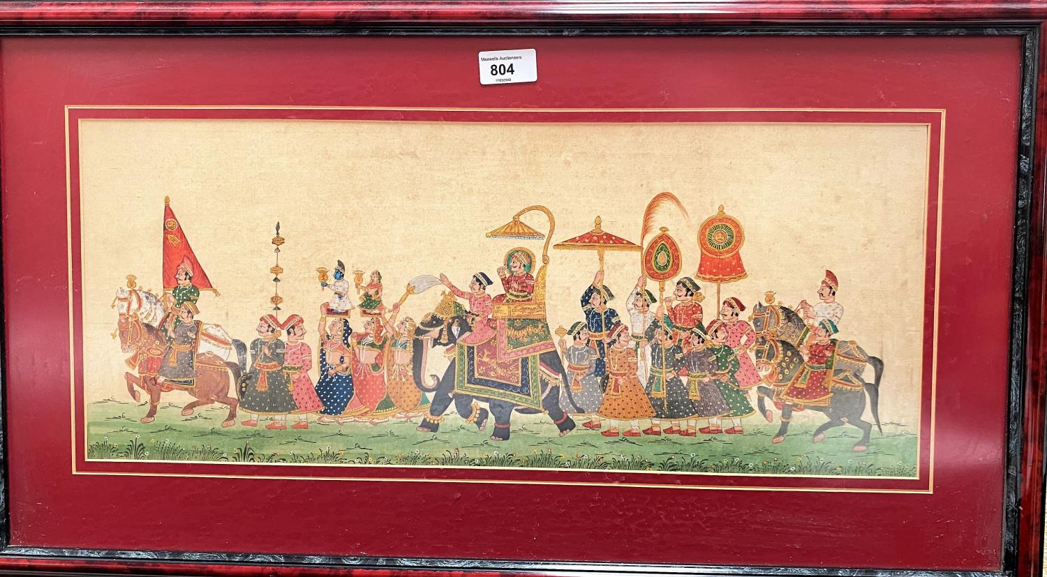 Indo Persian School:  Procession with a potentate and followers, watercolour, 23 x 57 cm, framed and
