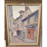 Maurice Gottlebb:  Continental village street with half timbered houses, oil on canvas, signed, 60 x