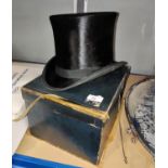 A boxed top hat in black silk, Victoria Coupe, Bolton, 19 cm x 15.5 cm