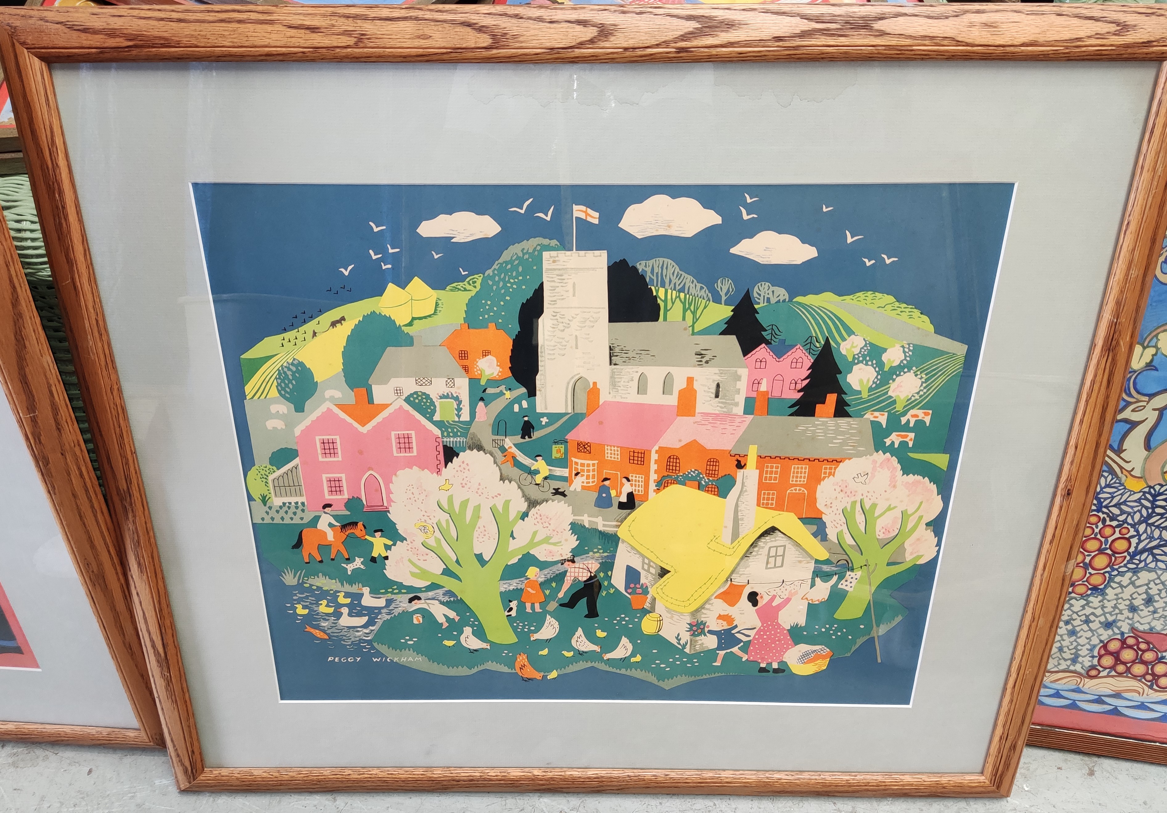 After Peggy Wickham, mid century colour lithograph of an English country scene 44 x 55cm framed