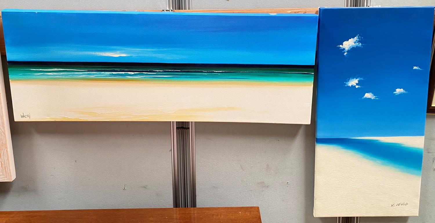 Walton 20th Century Cornish, Beach sea and sky, oil on canvas, signed, 29 x 90 cm, framed; 2 similar - Image 2 of 2