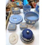 A Wedgwood blue Jasperware telephone; wall clock, fruit bowl etc