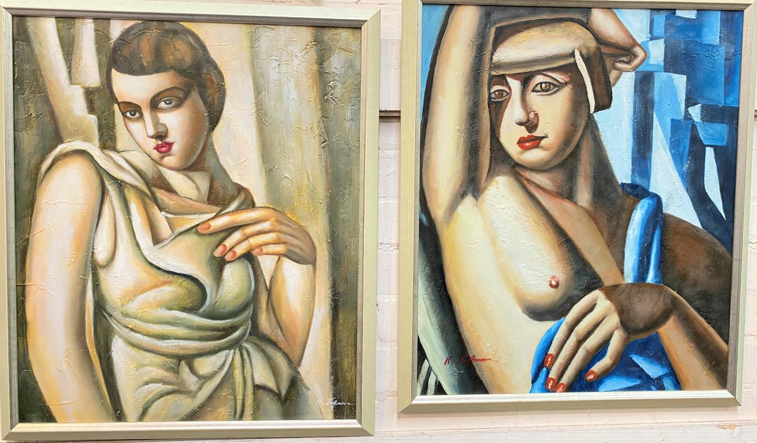 R Kingman:  2 half length portraits of women in the manner of Temara de Lempicka, oils on canvas,