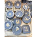 A selection of Wedgwood light blue Jasperware:  commemorative plaques; dishes; etc.