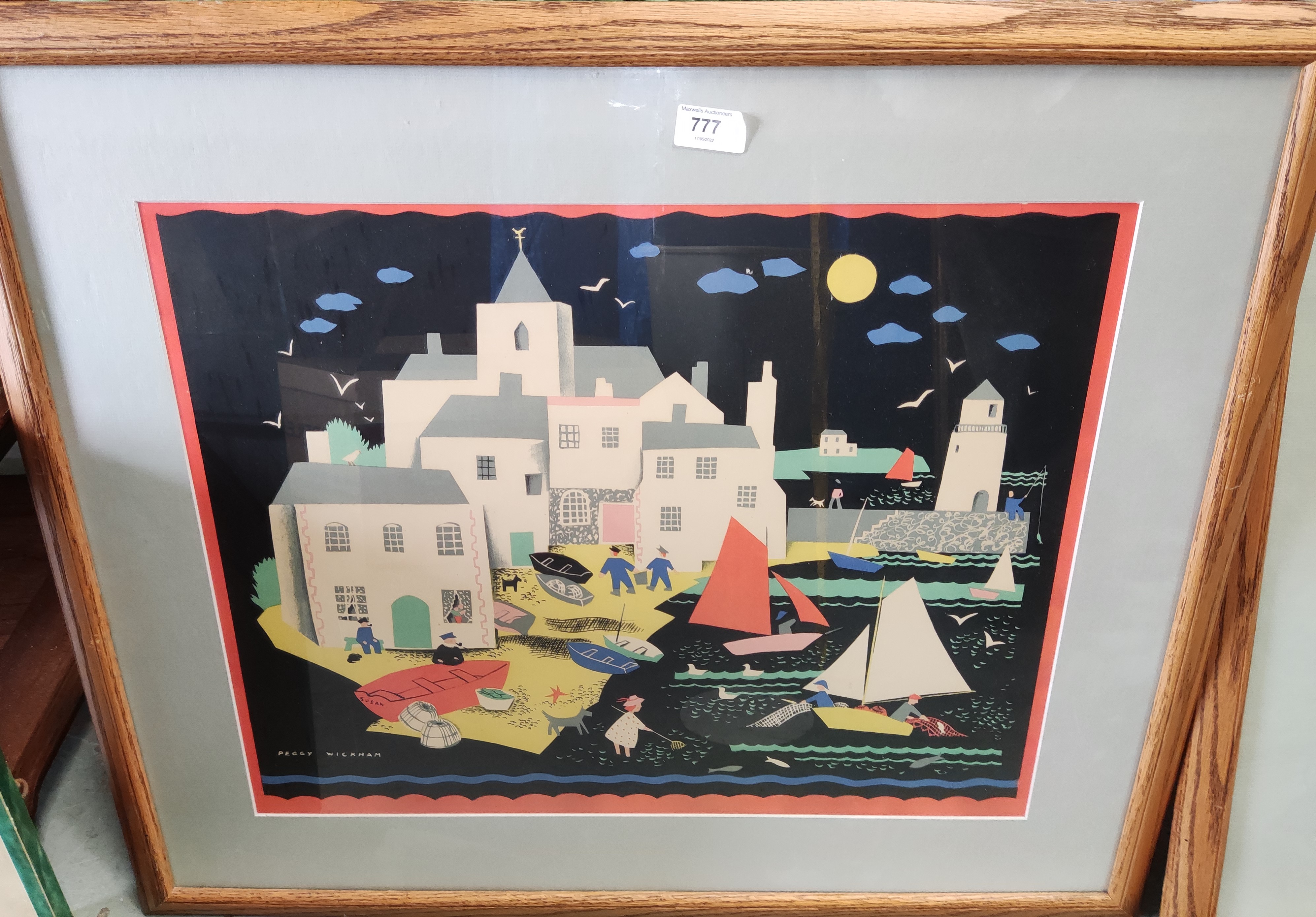 After Peggy Wickham, mid century colour lithograph of a harbour scene 44 x 55cm, framed and glazed