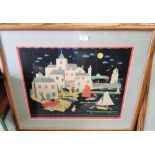 After Peggy Wickham, mid century colour lithograph of a harbour scene 44 x 55cm, framed and glazed