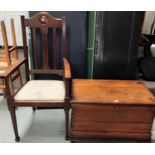 An oak campaign chest with brass carrying handles, length 79cm; a 1930's oak carver chair