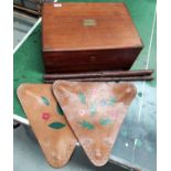 A large oak and brass canteen box; a tripod stool