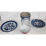 A small selection of Chinese ceramics, two blue and white dishes, one with marks to base, 15 x 12.