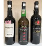 Three 75 cl bottles of port:  "Croft Distinction"; "Taylor's Select" & "Croft Triple Cream"