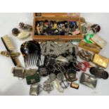 A selection of Art Deco compacts; silver plated nurses buckles, buttons etc.