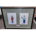 19th century Chinese School watercolour of figures on rice paper, two framed together, labelled en