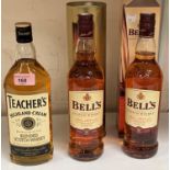 A 70 cl bottle of "Teacher's" whisky; 2 70 cl bottles of "Bell's" whisky