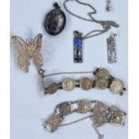 Two white metal Rennie Mackintosh style pendants, stamped 925; other white metal jewellery