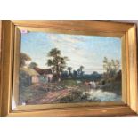 F Walters:  River landscape with horses drinking, other animals and figures, oil on canvas,