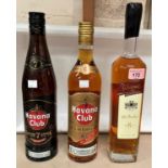 Two x 70 cl bottles of "Havana Club" rum; a 70 cl bottle of "St Andre" rum