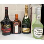 Five various liqueurs:  a 70 bottle of "Cointreau"; a 1 litre bottle of "Tia Maria"; a half litre