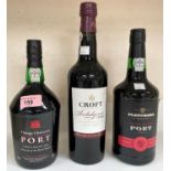 Three 75 cl bottles of port:  "Fletcher's Fine Ruby"; "Vintage Character" & "Croft Indulgence"