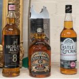 A 70 cl bottle of "Chivas Regal" whisky; a 70 cl bottle of "Castle & Crag" whisky; a 70 cl bottle of