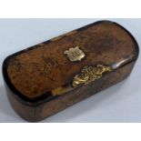 A 19th century walnut and tortoiseshell snuff box, yellow metal mounts (slightly damaged)