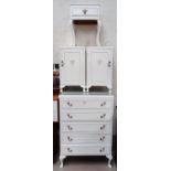 A period style 5 height chest of drawers in white finish, 2 matching bedside cabinets and a table