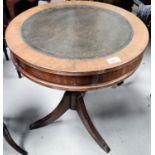 A reproduction Regency mahogany drum occasional table on pedestal