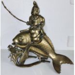 A Japanese bronze incense burner of fisherman riding large fish length 26cm height 25cm