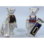 Two teddy bear paperweights by Royal Crown Derby:  Shopping Bear & Golfing Bear