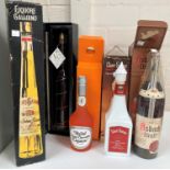 A 35 cl bottle of "Armagnac" in presentation box; 4 various liqueurs:  "Liquore Galliano"; "Cheri-
