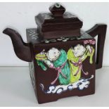 An early 20th century Yixing teapot square form with coloured figures on a cloud seal mark to base