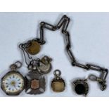 a selection of hallmarked silver fobs, ladies pocket watches with steel trombone Albert chain etc.