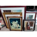 A selection of prints, a framed mirror etc.