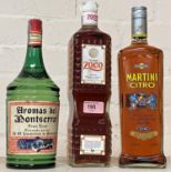 One litre Zoco Pacharan liqueur; Aromes del Montserrat licor; Martini Citro