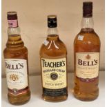 A 1 litre bottle of "Bell's" whisky; a 70 cl bottle of "Bell's" whisky; a 70 cl bottle of "Teacher'