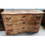 An 18th century South German baroque commode  chest of three long drawers, quarter veneered walnut