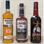 A 70 cl bottle of "Morgan's Spiced" rum; a 70 cl bottle of "Gosling" black rum; a 70 cl bottle of "