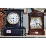 A mantel clock in slate case with white enamel dial, by Shaw of Manchester, base detached; a wood