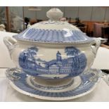 A Corbridge Pottery large Pandora soup tureen in blue & white, with lid and stand