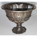 A Chinese white metal small pedestal bowl with relief decorations of animals etc