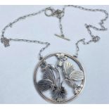 Georg Jensen:  "Moonlight Blossom", silver pierced circular pendant/necklace, 2 butterflies