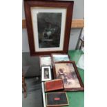 A Frederick Remington print in large oak frame; other prints; etc.