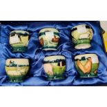 A modern Moorcroft set of 6 small vases decorated with farm animals in landscapes, printed marks,