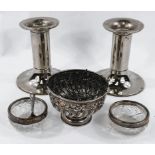 A hallmarked silver pedestal bowl with ribbed and vine decoration, 2.9oz; 2 cut glass salts with