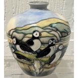 A modern Moorcroft squat tapering vase decorated with puffins, impressed, monogrammed, 97, height