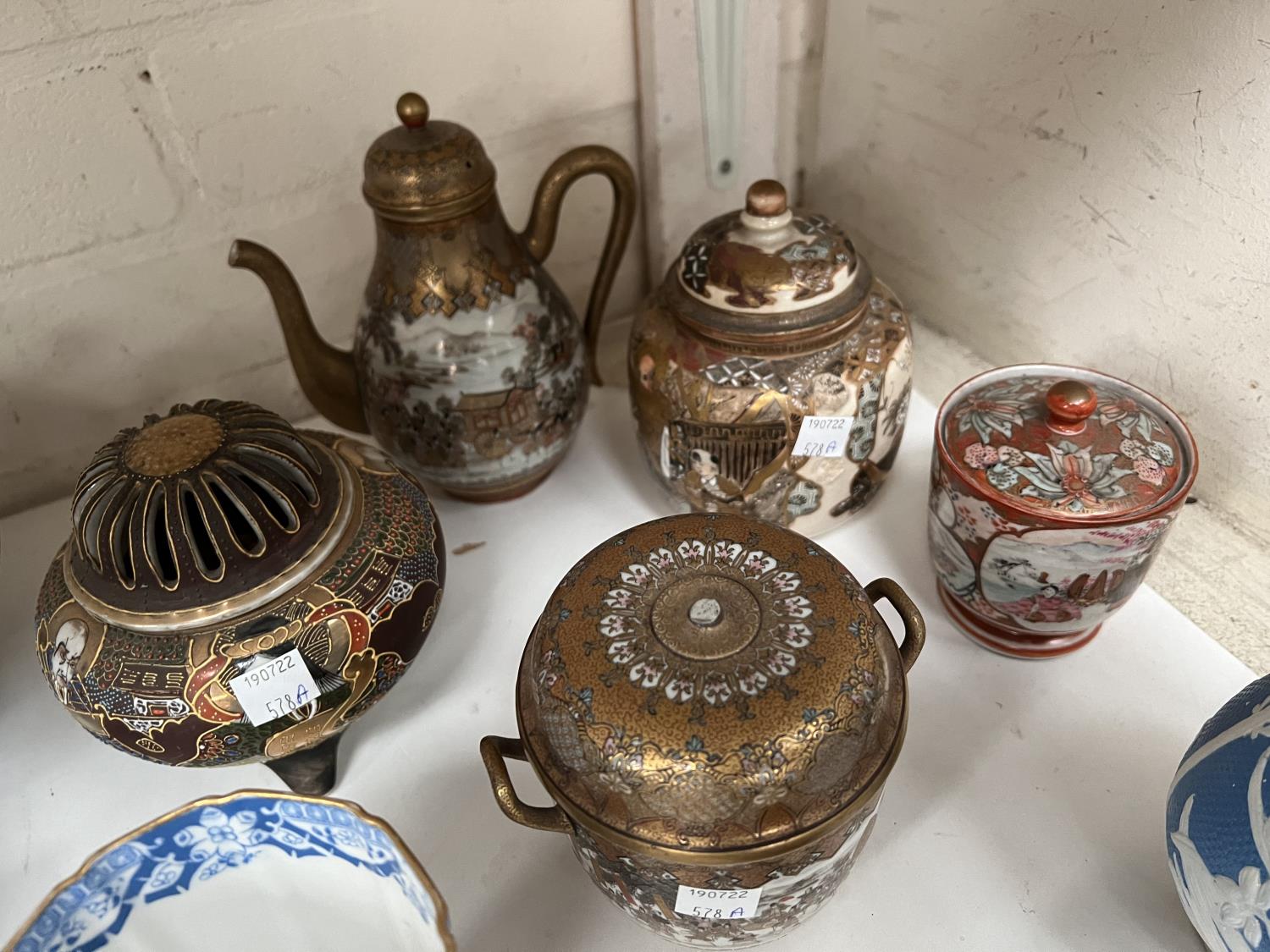 An early 20th century Japanese satsuma teapot and 2 covered vases, red seal mark to bases (each a. - Image 2 of 2