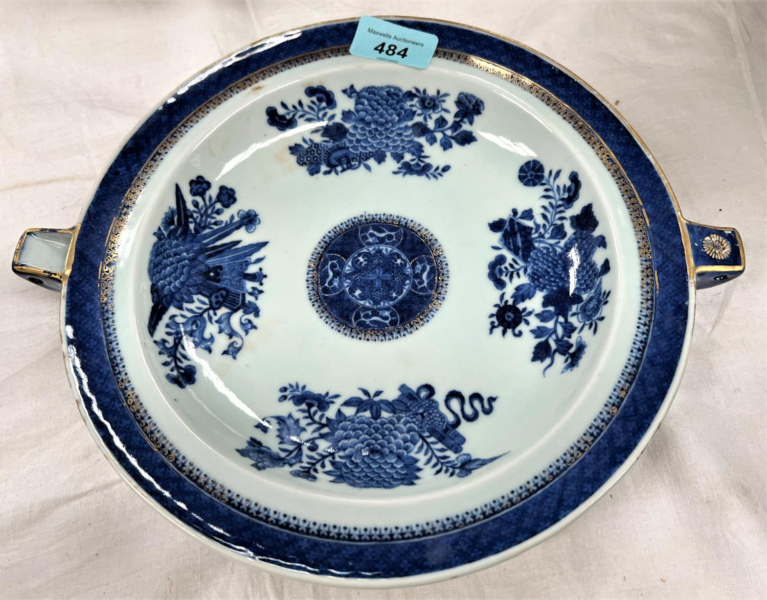 A large Chinese famille rose bowl, 23.5cm; a Chinese blue and white warming dish dia. 29cm (both - Image 2 of 4