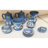 A selection of Wedgwood light blue Jasperware:  2 coffee pots; etc., 12 pieces approx