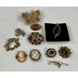 A natural amber brooch and a selection of various decorative brooches etc