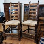 4 high ladder back Arts & Crafts oak dining chairs with rush seats bearing carved bee/beetle mark to