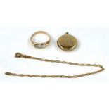 A 9 carat gold small chain, 1.6gms; a locket, gilt and a yellow metal dress ring with with three